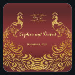 Sticker Carré Mariage Royal Burgundy Gold Peacock<br><div class="desc">Unique Design featuring Royal Burgundy Gradient background and abstract Gold Sparkling Peacocks for your special wedding event. C'est It qui veut le style de l'art de l'art. C'est différent ! Personalize with your own information. If you need to move the text, or change the size, font, or color, click Customize...</div>