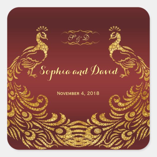 Sticker Carré Mariage Royal Burgundy Gold Peacock (Devant)