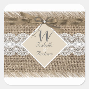 Sticker Carré Mariage Rustique Beige Blanc Dentelle Burlap 2