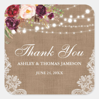 Sticker Carré Mariage rustique Burlap Dentelle Merci floral B