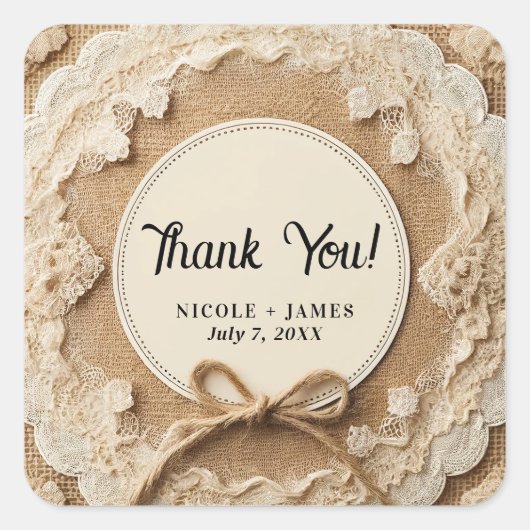 Sticker Carré Mariage rustique Burlap Lace & Twine Bow (Devant)