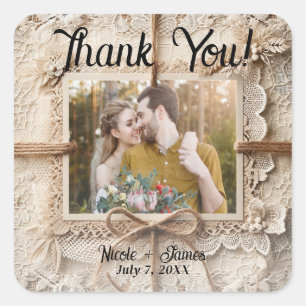 Sticker Carré Mariage rustique toile de jute dentelle florale ro