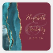 Sticker Carré Mariage Script Agate Géode Sarcelle Or Bourgogne (Devant)