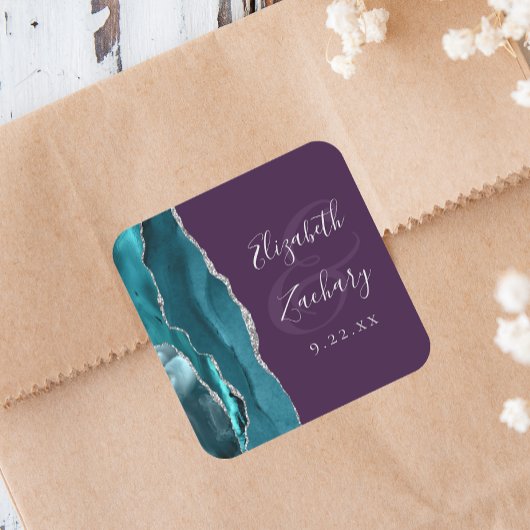 Sticker Carré Mariage Script Géode d'Agate Bleu Turquoise Argent