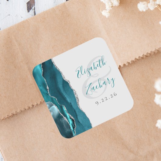 Sticker Carré Mariage Script Géode d'Agate Bleu Turquoise Gris A