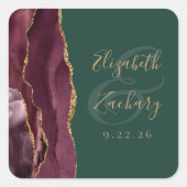 Sticker Carré Mariage Script Géode d'Agate Bourgogne Or Vert (Devant)