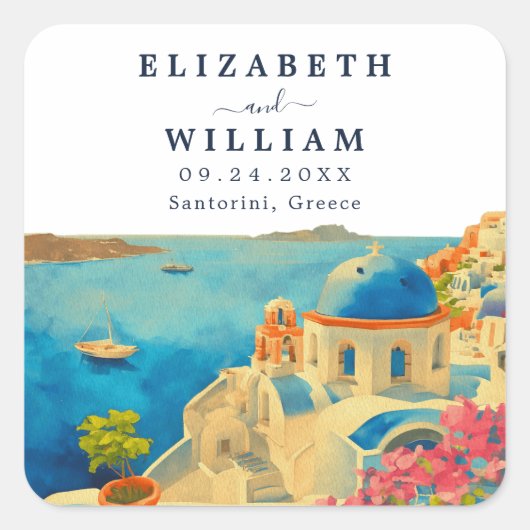 Sticker Carré Mariage Skyline Santorini Grèce Watercolor (Devant)