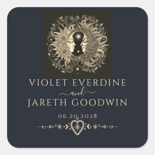 Sticker Carré Mariage Soleil Lune Étoiles Célestes  (Devant)