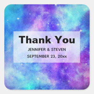 Sticker Carré Mariage spatial violet et bleu Galaxy Merci