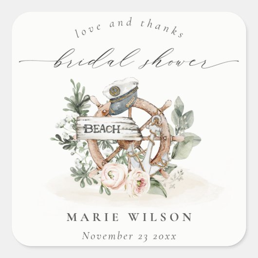 Sticker Carré Mariage Thème Nautique Fleurs Feuillues (Devant)