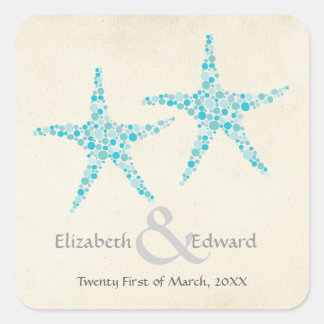 Sticker Carré Mariage Turquoise Aqua Starfish Enregistrer la dat