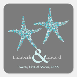 Sticker Carré Mariage Turquoise Aqua Starfish Enregistrer la dat