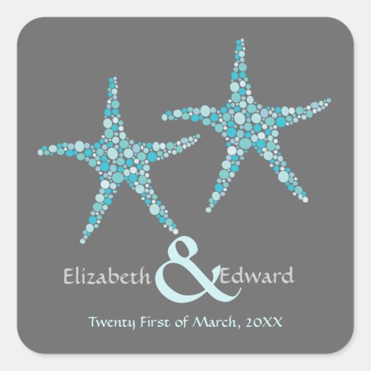 Sticker Carré Mariage Turquoise Aqua Starfish Enregistrer la dat (Devant)
