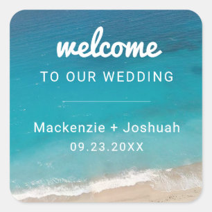 Sticker Carré Mariage turquoise Ocean Beach Bienvenue