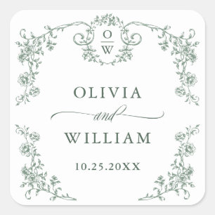 Sticker Carré Mariage vert de l'âge orné victorien Grace Floral