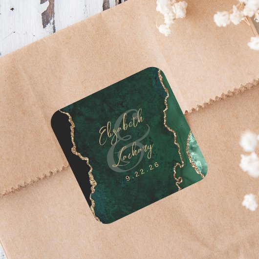 Sticker Carré Mariage Vert Émeraude Agate Script