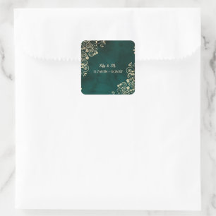 Sticker Carré Mariage Vert Émeraude avec Tourbillons Dorés