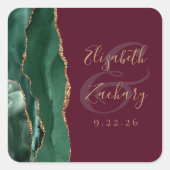 Sticker Carré Mariage Vert Émeraude Or Agate Script Bourgogne (Devant)