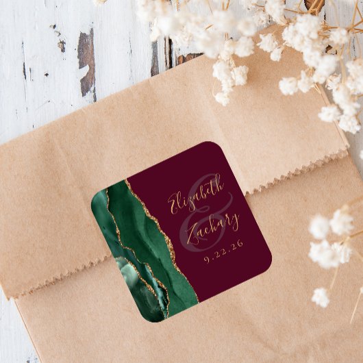 Sticker Carré Mariage Vert Émeraude Or Agate Script Bourgogne