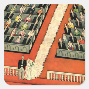 Sticker Carré Mariage Vintage, Jeune Marié et Jeune Mariée Art D