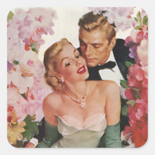 Sticker Carré Mariage Vintage, Jeunes Mariés Rétro Mariée et Mar