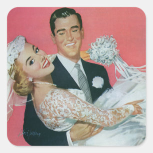 Sticker Carré Mariage vintage Nouveaux mariés, mariée porteuse