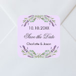 Sticker Carré Mariage violet de lavande Enregistrer la date<br><div class="desc">Un autocollant Enregistrer la date pour votre mariage. Un arrière - plan romantique violet décoré de fleurs de lavande et de verdure d'eucalyptus. Personnalisez et ajoutez vos noms et votre date de mariage.</div>