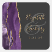 Sticker Carré Mariage Violet Or Foncé Agate Géode Script (Devant)