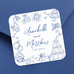 Sticker Carré Mariage Whimsical Bleu Dessiné À La Main<br><div class="desc">Stickers De Mariage Bleu Quirky Personnalisés À La Main. Ces autocollants de mariage carrés amusants et ludiques présentent des illustrations de doodle décalées entourant le design, le tout dans un thème bleu éclatant. Des éléments comme une tour de champagne, un gâteau mariage, une boule de disco, des coeurs, des cloches...</div>