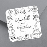 Sticker Carré Mariage Whimsical Jeu de main amusante tiré<br><div class="desc">Stickers De Mariage Quirky Personnalisés À La Main. Ces autocollants de mariage carré amusants et ludiques présentent des illustrations de doodle décalées entourant le design, dont une tour de champagne, un gâteau mariage, une boule de disco, des coeurs, des cloches mariages, des anneaux, des caméras, et plus encore. Les noms...</div>