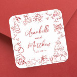 Sticker Carré Mariage Whimsical rouge tiré à la main<br><div class="desc">Stickers De Mariage Rouge Quirky Personnalisés À La Main. Ces autocollants de mariage carrés amusants et ludiques présentent des illustrations de doodle décalées entourant le design, le tout dans un thème rouge vif. Des éléments comme une tour de champagne, un gâteau mariage, une boule de disco, des coeurs, des cloches...</div>