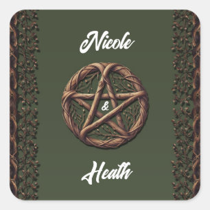 Sticker Carré Mariage Wiccan vert Olive Twig Pentacle bois