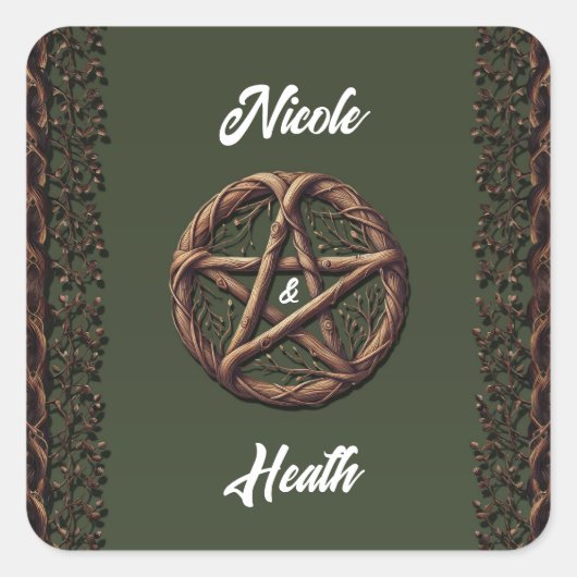 Sticker Carré Mariage Wiccan vert Olive Twig Pentacle bois (Devant)
