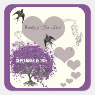 Sticker Carré Mariages Arbre Feuille Cœur Bordures Violettes Min
