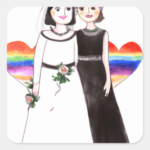 Sticker Carré Mariée et mariée cœur arc-en-ciel lesbien