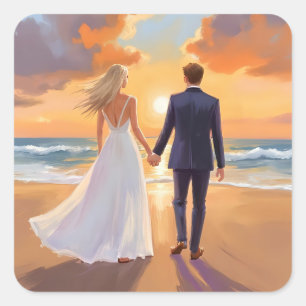 Sticker Carré Mariée & Marié Mariage sur la Plage Aquarelle