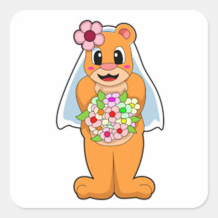 Sticker Carré Mariée ours aux fleurs