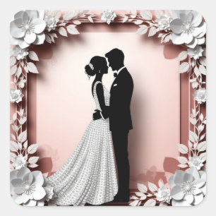 Sticker Carré Mariée Romantique et Marié S'embrassant Silhouette