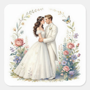 Sticker Carré Mariée Romantique Marié Floral Couple de Mariage É