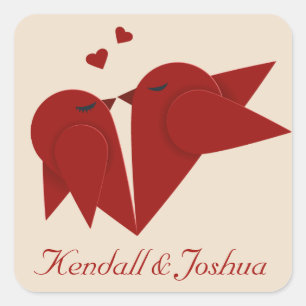 Sticker Carré Mariés Colombes Rouges Mariage Rose Amour Personna