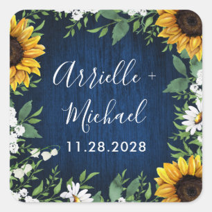 Sticker Carré Marine Bleu Tournesol Rustique Mariage Faveurs Sti