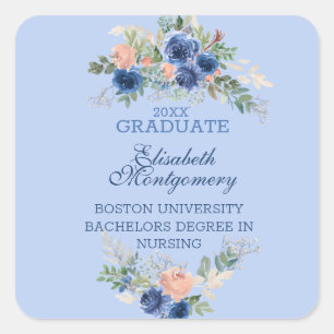 Sticker Carré Marine Blue Blush Rose Roses Boho Graduation