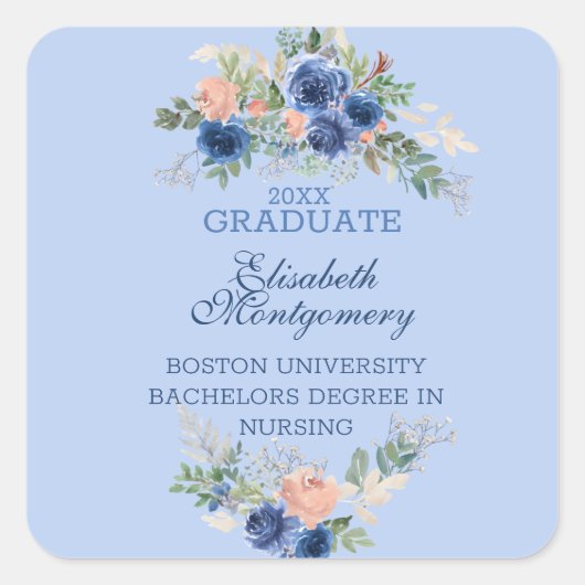 Sticker Carré Marine Blue Blush Rose Roses Boho Graduation (Devant)