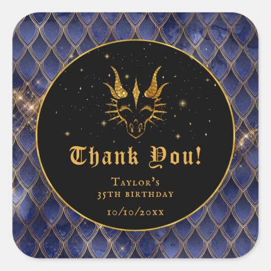 Sticker Carré Marine Blue Dragon Scales Or Anniversaire Merci (Devant)