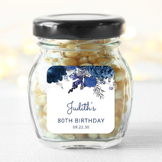 Sticker Carré Marine Blue Silver Floral 80e fête d'anniversaire