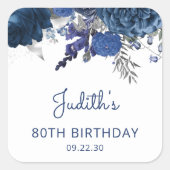 Sticker Carré Marine Blue Silver Floral 80e fête d'anniversaire (Devant)