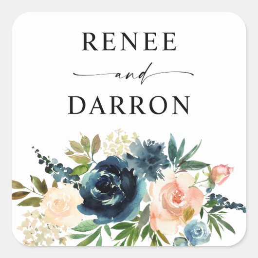 Sticker Carré Marine & Dusty Blue Blush Rose Floral (Devant)