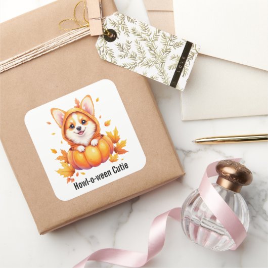 Sticker Carré Marionnette de Corgi mignonne en costume Citrouill (Cadeaux)