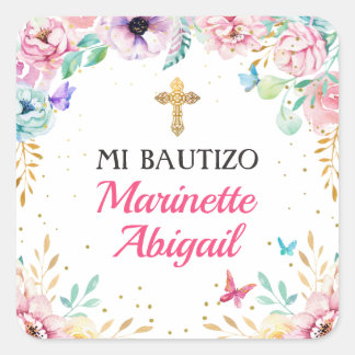 Sticker Carré Mariposas Chicas del bautismo y flores rosas