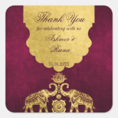 Sticker Carré Maroon et l'or éléphants mariage indien merci (Devant)
